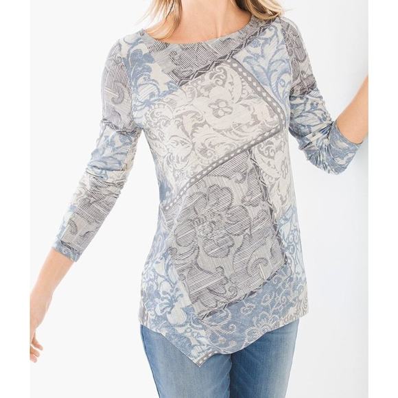 Chico's Tunic Top Asymmetrical Hem Multi Pattern Women L Cream Blue Long Sleeve - Picture 10 of 10